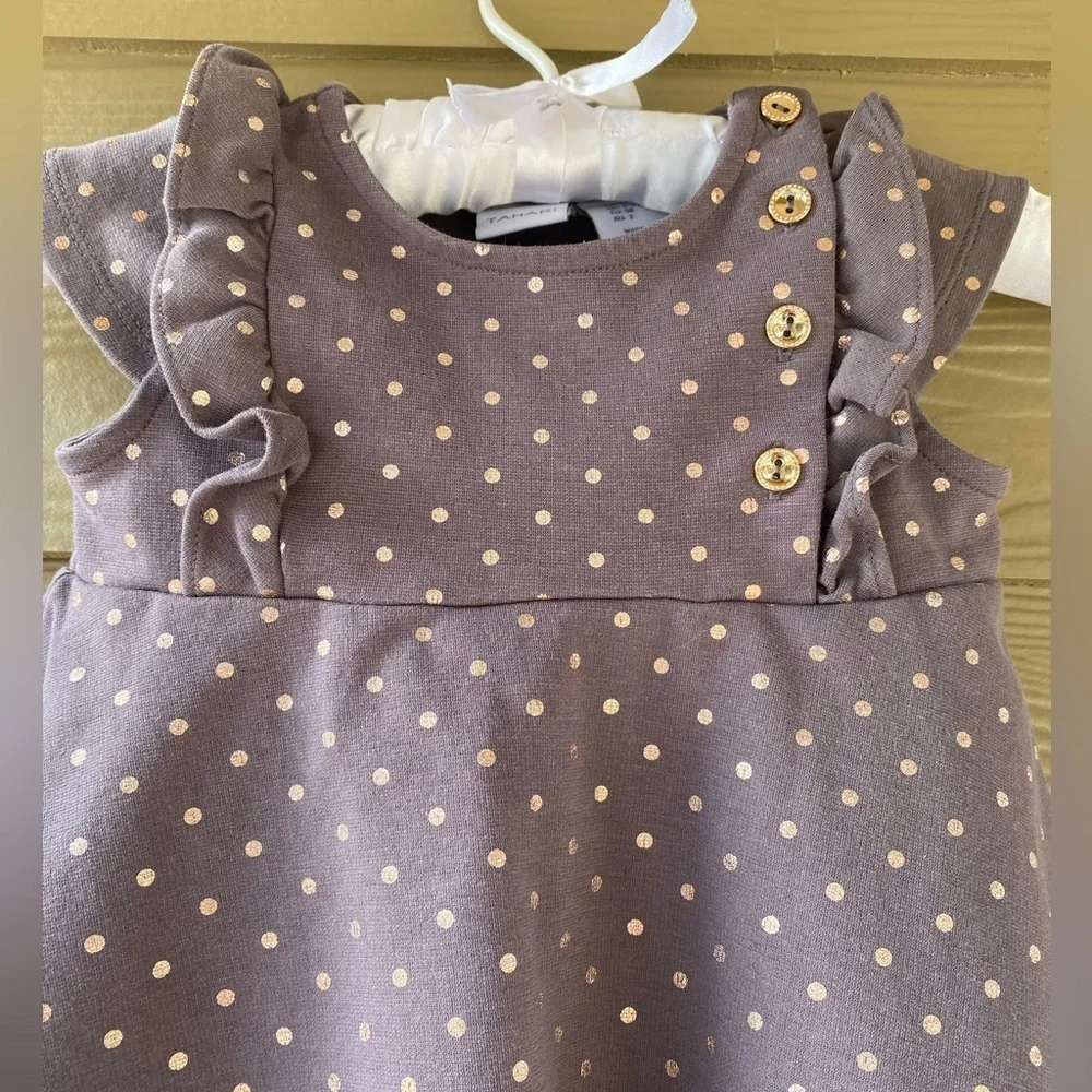Tahari Girls Gray Gold Polka Dot Dress Size 3T